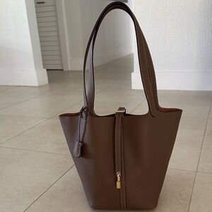 Taupe Brown Genuine Leather shoulder Tote Bag